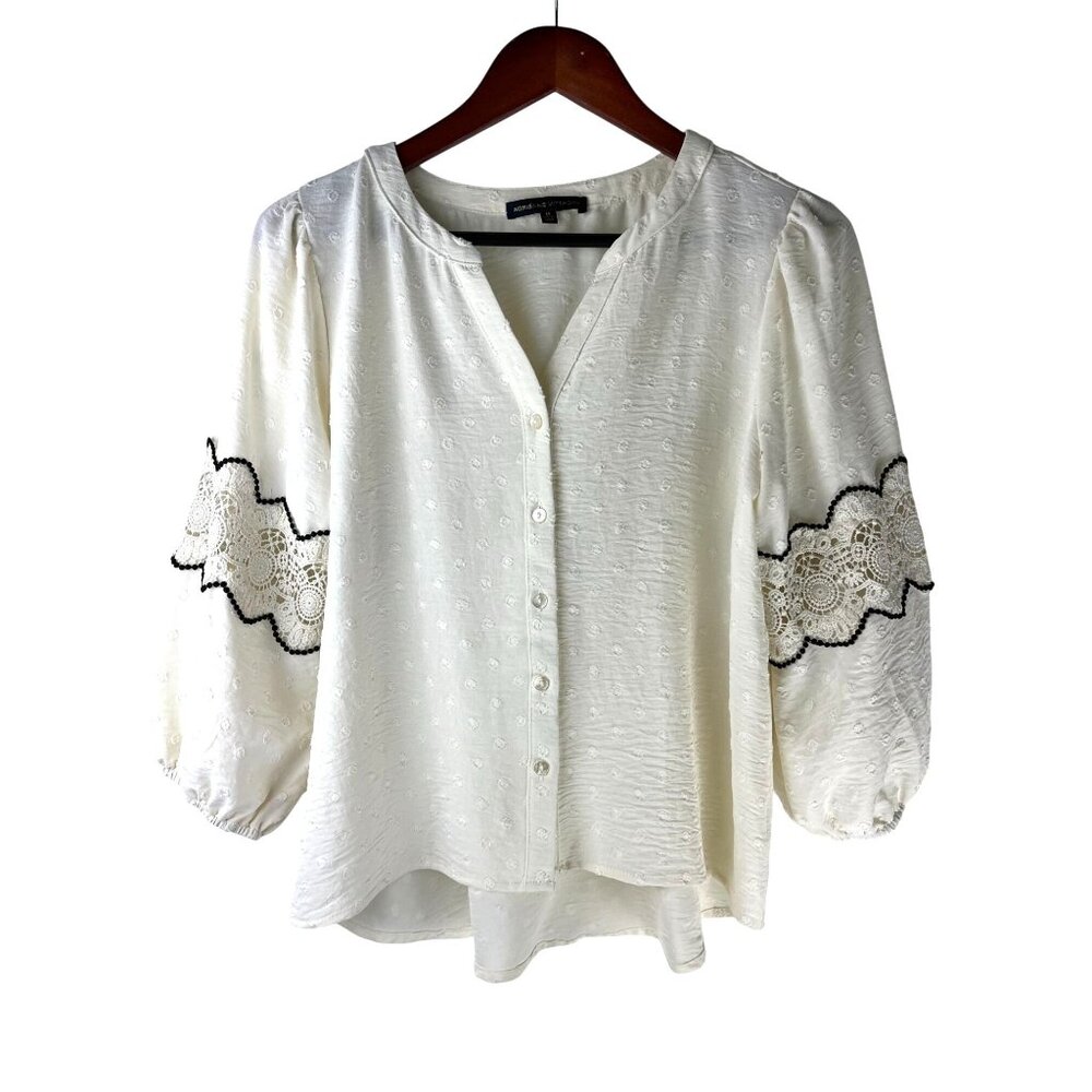 Boho Cottage Adrienne Vittadini Puff Sleeve Lace Button Front Blouse, Women's M